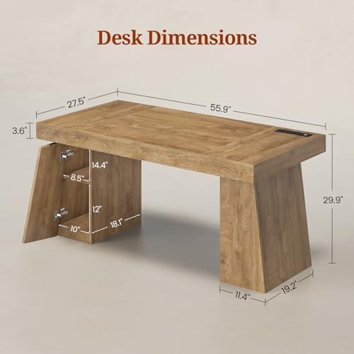 UPOSOJA 55.9 in Executive Desk with Power Outlets, Modern Home Office Desk with Storage Cabinet, Wood Computer Desk Business Workstation Desk Conference Table, Oak (Storage Cabinet) - Image 2