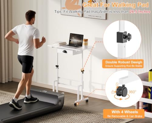 Cidaziya Adjustable Height Standing Desk for Walking Pad Treadmill, Portable Rolling Desk for Laptop with Drawer, Small Moblie Sit to Stand Desk On Wheels with Stiffener for Home Office Dorm Bedroom - Image 4