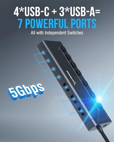 SABRENT 7-Port USB-C Hub, 48W Powered, 5Gbps, 3 USB-A + 4 USB-C (HB-3A4C) - Image 4