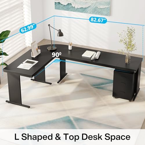 Tribesigns L-Shaped Executive Desk, Large Office Desk with 3-Drawer File Cabinet, Industrial Corner Computer Table with Drawers, Business Workstation for Home Office (Black, 83") - Image 6
