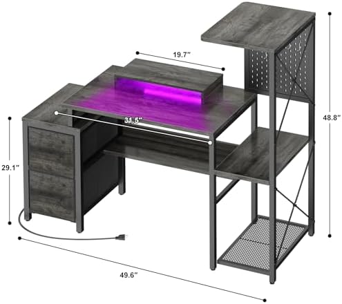 Small Gaming Desk with 2 Fabric Drawers - Reversible Computer Desk with Power Outlet & LED Lights, 49" Office Desk with Monitor Stand & Storage Shelves, Writing Study Table with Pegboard, Grey Oak - Image 2
