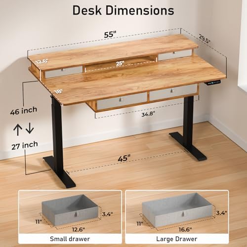 55 x 30 Inch Electric Standing Desk with 4 Drawers, Light Rustic - Image 3