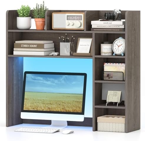 Tangkula Desktop Bookshelf with LED Lights, Desk Hutch with 8 Shelves for Max 25" Monitor, Desktop 5-Tier Display Rack, Multipurpose Wood Desktop Storage Hutch Organizer for Dorm Office Home (Grey) by TANGKULA