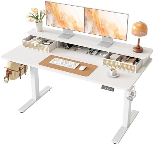TIQLAB Standing Desk with Two Drawers, Stand Up Standing Desk Adjustable Height, Electric Sit Stand Table with Storage Shelf and Splice Board, 55 * 24 inch, White Wicker by TIQLAB