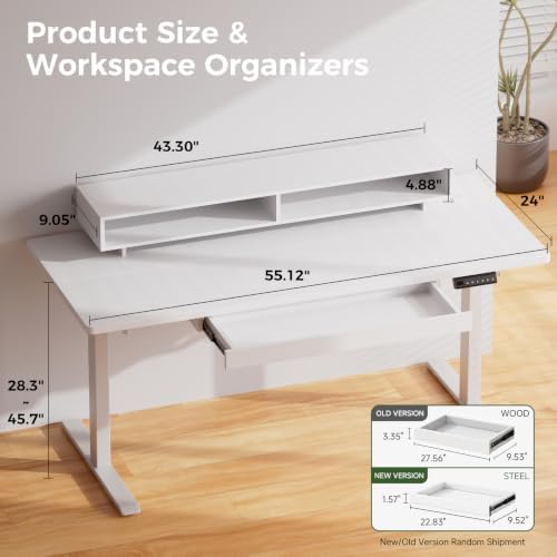 GTPLAYER Electric Standing Desk with Drawers, 55 x 24 Inch Height Adjustable Gaming Desk with Monitor Stand, Power Outlets & LED Lights, Home Office Sit Stand Up Desk with Memory Preset (White) - Image 2
