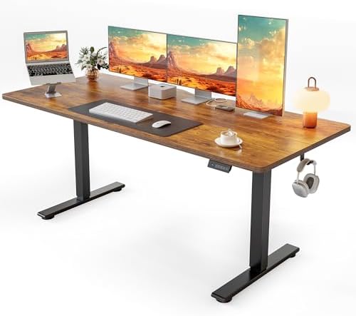 Cubiker Standing Desk, 63x28 Inches Sit Stand Home Office Desk, Electric Stand up Desk, Adjustable Desk with Splice Board, Black Frame/Rustic Brown Top by CubikerHomeOfficeFurniture