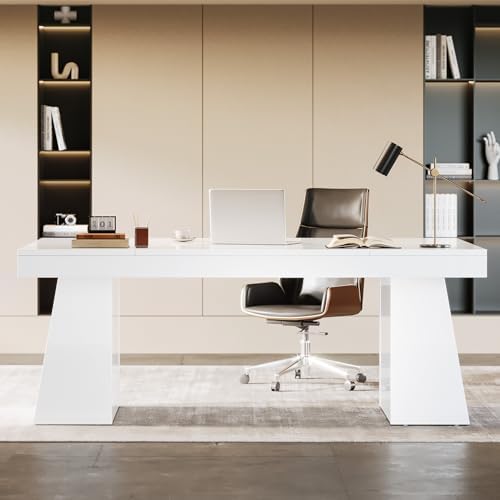 Tribesigns 55-Inch Executive Desk, Large Wood Office Computer Desk with Double Pedestal, Modern Minimalist Workstations Writing Table Conference Table Furniture for Home Office, White - Image 2