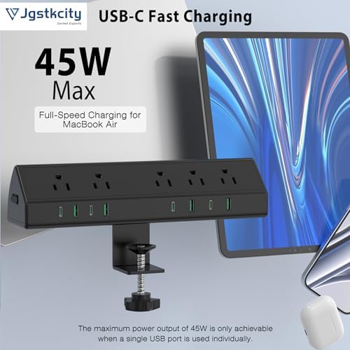 Jgstkcity Desk Clamp Power Strip,45W Fast Charging Station,4 USB-C,4 USB-A,Desk Mount Surge Protector,1875W Extension Cord with Multiple Outlets,ETL Listed,for Home Office Dorm Room - Image 3