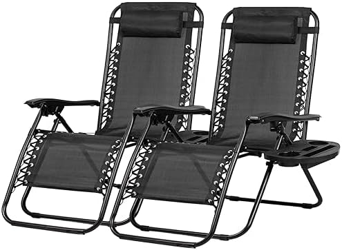 Nazhura Set of 2 Relaxing Recliners Patio Chairs Adjustable Steel Mesh Zero Gravity Lounge Chair Beach Chairs with Pillow and Cup Holder Black by NazhuraGoodCompanionAtHome
