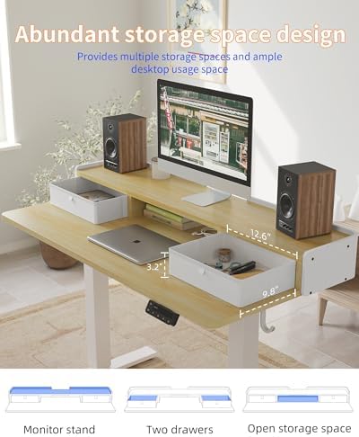YIHAYO Electric Standing Desk with Drawers, 55 x 24 Inches Adjustable Desk with Storage Shelf, Stand Up Desk with Splice Board, Computer Table for Home Office, White Frame/Natural Top - Image 7