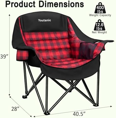 Youtanic Oversized Large Padded Camping Chair, 400 lbs Foldable Lawn Chair - Image 2