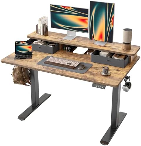 TIQLAB Standing Desk with Two Drawers, Stand Up Standing Desk Adjustable Height, Electric Sit Stand Table with Storage Shelf and Splice Board, 55 * 24 inch, Rustic Brown by TIQLAB