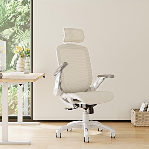 GABRYLLY Ergonomic Office Chair, High Back Home Desk Chair with 2D Flip-Up Arms, 3D Headrest, 90-120° Tilt and Wide Cushion, Big and Tall Mesh Chairs for Man Woman, Computer Task Chair Beige - Image 2