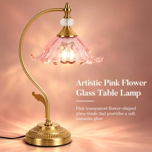 Vintage Floral Table Lamp, Plug in Mid-Century Modern Desk Lamp with Transparent Glass Shade, Gold Bedside Table Lamp Dimmable for Bedroom Living Room Home Office - Image 3