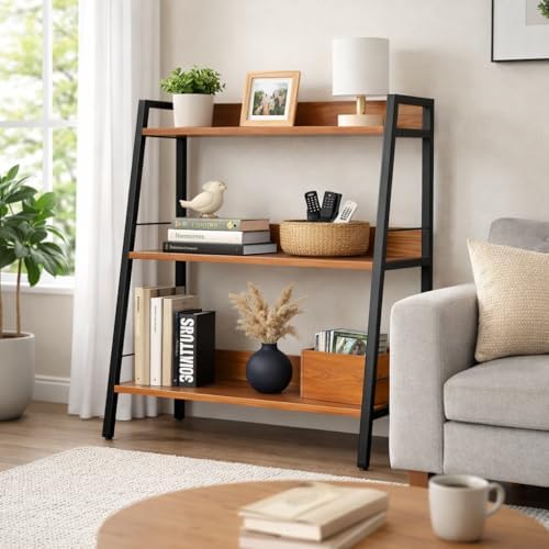 Ladder Shelf, 3 Tier Bookshelf, Small Bookshelf for Small Spaces, Wood and Metal Bookcase, Ladder Bookshelf, Modern Storage Shelf for Living Room and Office (Black, Ladder) - Image 6