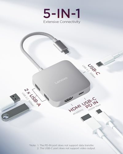 Lenovo USB-C 5-in-1 Travel Hub, 90W Power Delivery, 4K 60Hz HDMI, Dual USB-C and USB-A Ports, Plug and Play, Compact, Silver Grey - Image 2