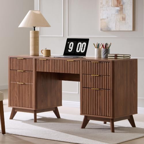 T4TREAM 60" Modern Fluted Executive Desk with Drawers, Light Walnut by T4TREAMFurniture