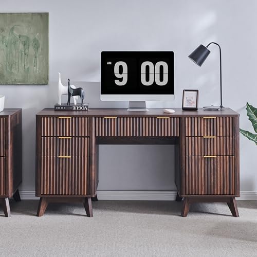 T4TREAM 60" Modern Fluted Executive Desk with Drawers, Dark Walnut - Image 7
