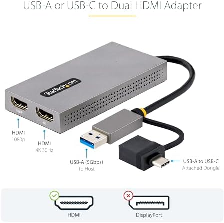 StarTech USB 3.0 A/C to 2x HDMI Converter, 4K30 + 1080p, Win/Mac - Image 3