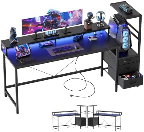 Mericonia 60 inch Gaming Desk with Drawers, Reversible Computer Desk, Black by MERICONIA