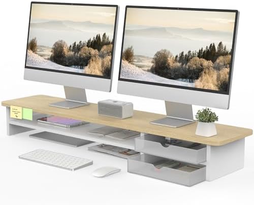 Fenge Monitor Stand, Desk Computer Riser with Frosted Storage Drawer, Oak by Fenge