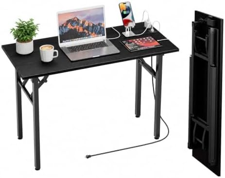 Folding Table Computer Desk - 43.3" No Assembly Folding Desk with Power Outlets & USB Charging Port, Small Desk, Foldable Office Desk, Compact Storage Portable Use for Small Space, Dark Oak by HMFOR