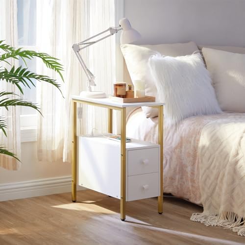 HOOBRO End Table with Charging Station, Narrow Side Table with 2 Drawer & USB Port & Power Outlets, Nightstand for Small Spaces, Stable and Sturdy, for Living Room, Bedroom, Gold and White DW541BZ01 - Image 2