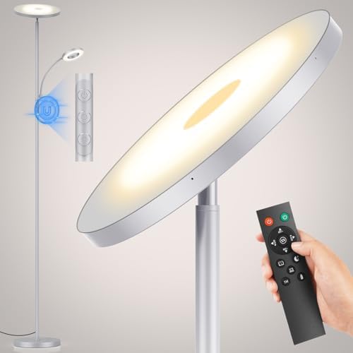 marctronic Silver Gray Floor Lamp, 42W 4000LM Super Bright LED Lamp with Reading Light for Living Room Bedroom Office, Dimmable Standing Lamp with Remote & Touch Control by Marctronic