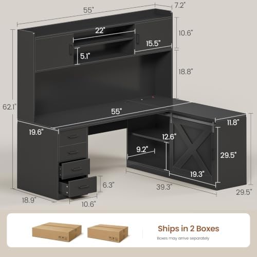 SEDETA Farmhouse L Shaped Gaming Desk, 55” Corner Computer Desk with Storage Drawers and Hutch, Corner Gaming Desk with LED Light and Power Outlet for Home Office, Black - Image 2