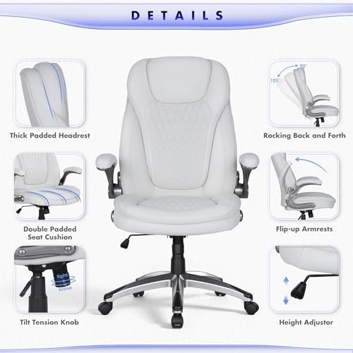 COLAMY Executive Office Chair-Ergonomic Computer Desk Chair, High Back Leather Chair with Padded Flip-up Arms, Swivel Home Office Chair Upgraded Caster, White - Image 6