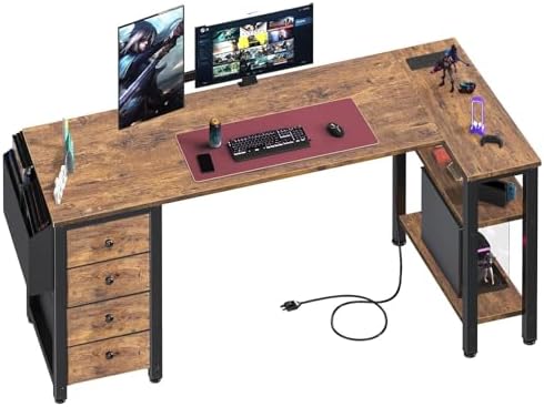 Lufeiya L Shaped Computer Desk with Drawers & Storage Shelves, 55 Inch Corner Desk with Power Outlet for Home Office Bedroom, L-Shaped Teen PC Gaming Desks with Fabric Drawer, Rustic Brown by LUFEIYA