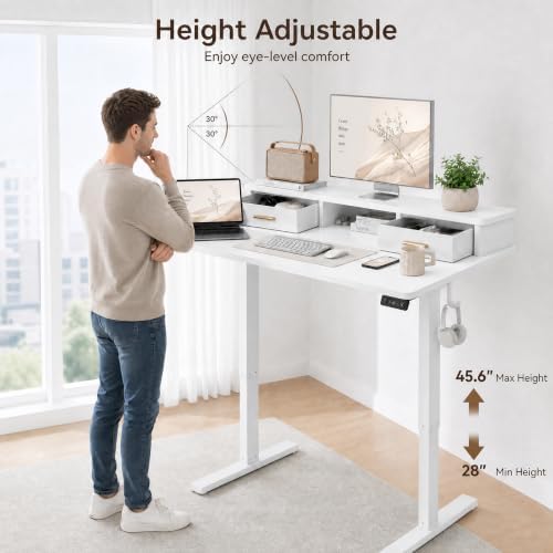 Grandder Electric Standing Desk with Two Drawers, Sit to Stand Up Height Adjustable Desk with Storage Shelf for Home Office, 47 * 24 Inch, Study, Ergonomic Adjustable Computer Desk, White - Image 3
