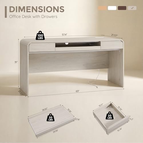 63" Modern Computer Desk with 2 Drawers, Wood Curved (Cream) - Image 2