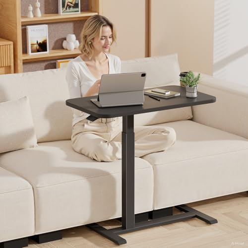 GTPLAYER Small Standing Desk with Hidden Wheels, Pneumatic Mobile Rolling Laptop Desk, Adjustable Height Overbed Bedside Table Computer Workstation for Home Office (32" W x 16" D, Pure Black) - Image 2