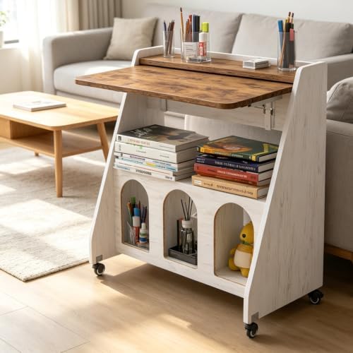 Portable Desk on Wheels, Farmhouse Rolling Computer Desk, Mobile Workstation Rolling Laptop Cart with Storage and Wheels for Home Office Small Space(Rustic Brown) by Bspibses