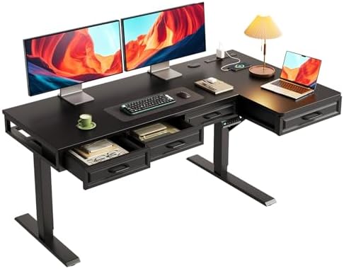 OffiGo 55 Inch L Shaped Standing Desk with 4 Wooden Drawers, Black by OfficeGo-ForHomeOfficeWork