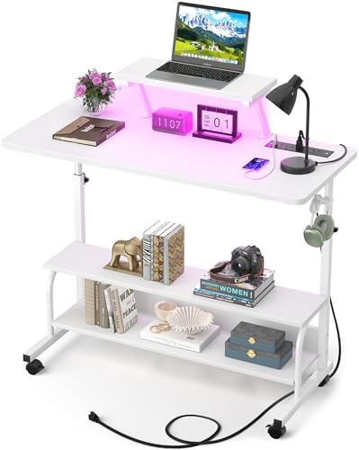 Height Adjustable Standing Desk with Power Outlets and LED Lights - 39" Manual Stand Up Desk with Monitor Stand and Storage Shelves Small Mobile Rolling Computer Desk Portable Laptop Table, White by Besiost