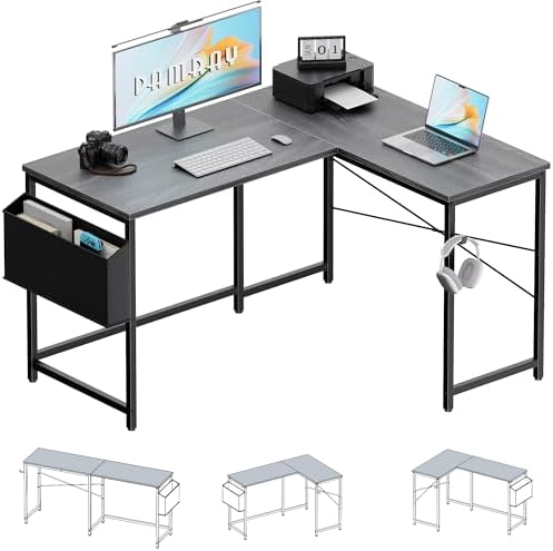 Pamray 47 Inch Reversible L Shaped Gaming Desk Corner Computer Desk with Storage Bag Home Office Table for Writing Study Grey - Image 4