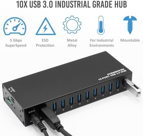 Kingwin Industrial USB 3.0 Hub 10-Port, Heavy-Duty Metal Mountable USB Hub with Power Adapter, 5Gbps SuperSpeed Powered USB Splitter for PC, Laptop, Mac, POS Systems & Factory Automation - Image 3