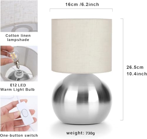 Modern Small Table Lamp Set of 2, Minimalist Nightstand Bedside Lamps with One-Button Inline Switch, 6.2×6.2×10.4 Inch Desk Light for Bedroom, Living Room,Including Light Bulb（Silvery） - Image 3