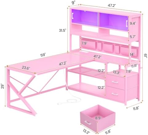 SEDETA L Shaped Gaming Desk with Storage Shelves, 2 Drawer, LED Light - Image 2