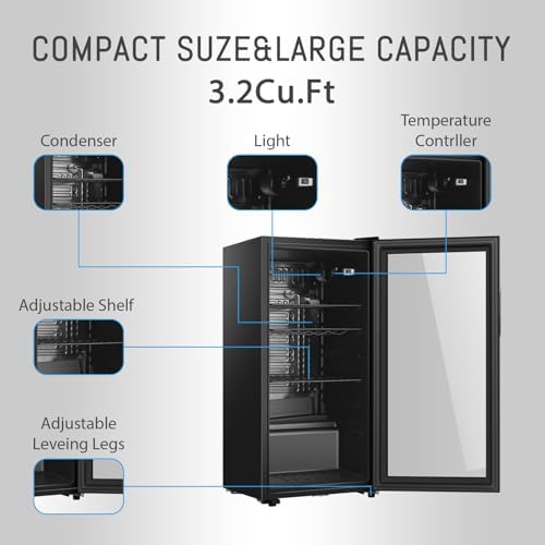 HAILANG Beverage Refrigerator, 3.2 Cu.Ft, Mini Fridge with Glass Door for Soda Beer, Freestanding Beverage Cooler for Office, Bar, Adjustable Shelving&Adjustable Foot - Image 2