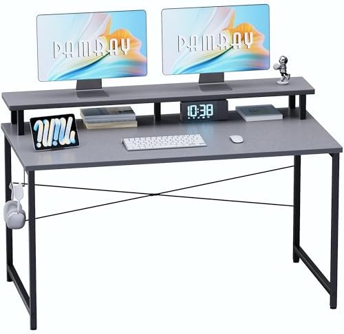 Pamray 47 Inch Small Computer Desk with Monitor Stand, Simple Office Desk with Headphone Hook for Small Spaces, Kids Study Writing Table for Bedroom, Grey by PAMRAY
