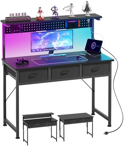 MUTUN Computer Desk with Drawers, 40 Inch Computer Desk with Power Outlet & LED Light, Gaming Desk with Adjustable Monitor Stand & Pegboard, Modern PC Study Writing Table for Bedroom, Black by MUTUN