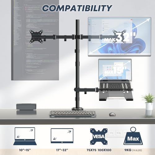 Dual Monitor Stand and Laptop Mount, Fits 32" Monitor & 15" Laptops - Image 2