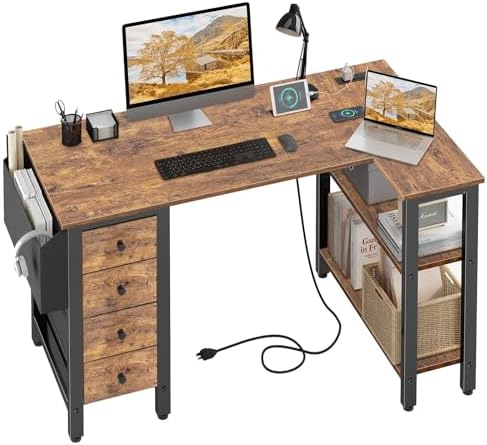 Lufeiya L Shaped Desk with Drawers & Storage Shelves, 47 Inch Small Reversible Corner Desk with Power Outlet for Home Office Bedroom, L-Shaped Gaming PC Computer Desks with Fabric Drawer, Rustic Brown by LUFEIYA