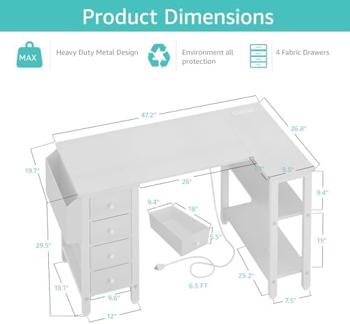 Lufeiya White L Shaped Computer Desk with Drawers & Storage Shelves, 47 Inch Corner Reversible Desk with Power Outlet for Home Office Bedroom, L-Shaped Teen PC Desks with Fabric Drawer, White - Image 3