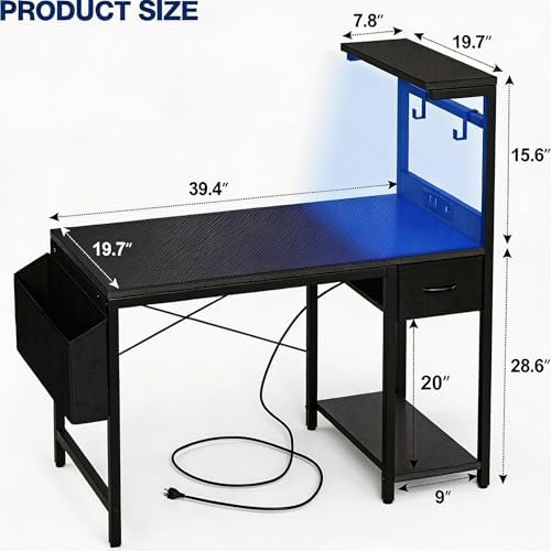 Grandder Gaming Desk 40 Inch with Power Outlet and LED Light, Computer Desk with Reversible Shelves and Storage Drawer, Pc Small Desk for Home Office Table with Bag, Carbon Fiber Black - Image 3