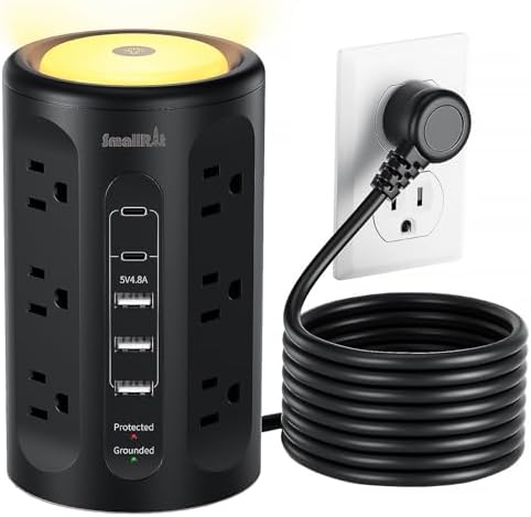 Power Strip with Night Light, Extension Cord with Multiple Outlets (12AC+3A+2C), 10 FT Desk Power Strip Tower Charging Station for Home, Office, College Dorm Essentials by SMALLRT