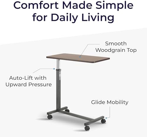 Drive Medical Overbed Table with Wheels, Woodgrain Top, Silver Vein - Image 5